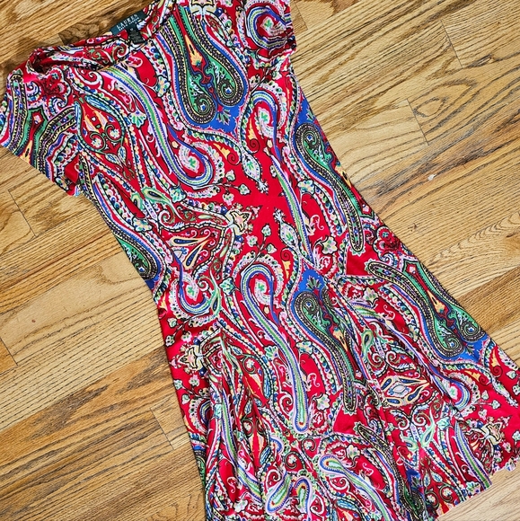 Lauren Ralph Lauren Size M Colorful Red Paisley Skater Dress Stretchy Short - Picture 2 of 7